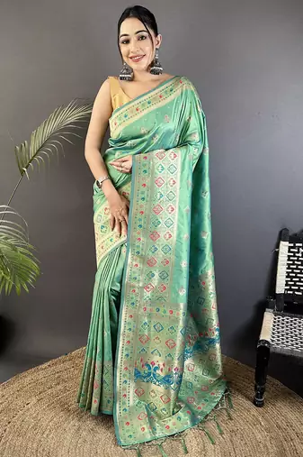 sea green soft silk blend geomatric zari woven patola saree