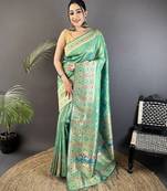 sea green soft silk blend geomatric zari woven patola saree