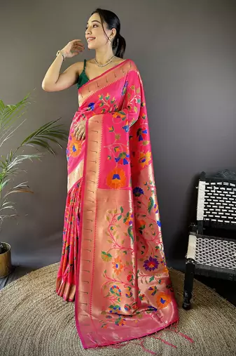 reddish pink soft silk blend zari woven floral motifs paithani saree