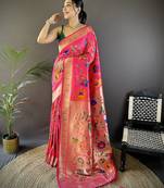 reddish pink soft silk blend zari woven floral motifs paithani saree