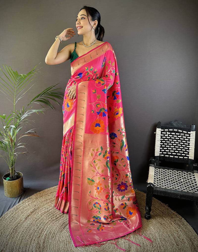 reddish pink soft silk blend zari woven floral motifs paithani saree