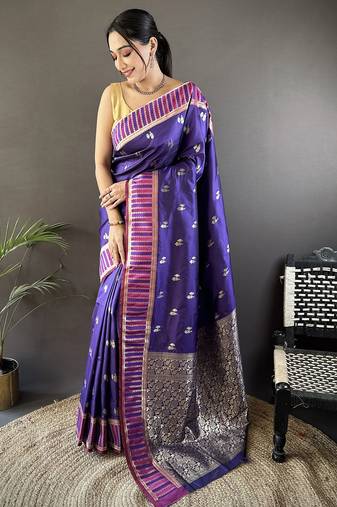 blue lichi silk blend jacquard zari woven motifs banarasi saree