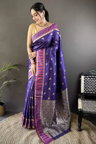 blue lichi silk blend jacquard zari woven motifs banarasi saree