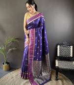 blue lichi silk blend jacquard zari woven motifs banarasi saree
