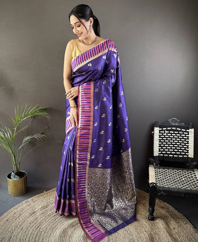 blue lichi silk blend jacquard zari woven motifs banarasi saree