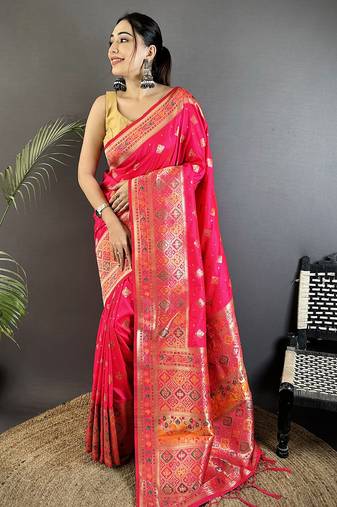 coral pink soft silk blend geomatric zari woven patola saree