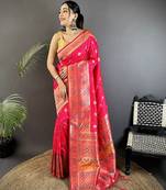 coral pink soft silk blend geomatric zari woven patola saree