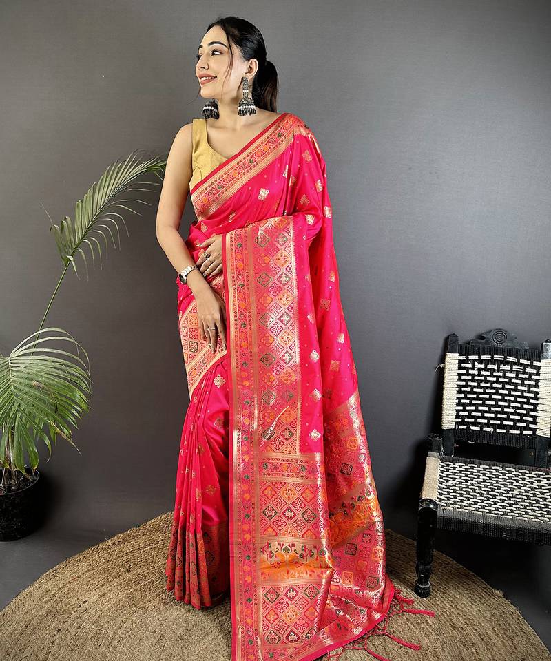 coral pink soft silk blend geomatric zari woven patola saree