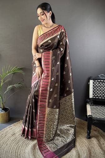 brown lichi silk blend jacquard zari woven motifs banarasi saree