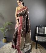 brown lichi silk blend jacquard zari woven motifs banarasi saree