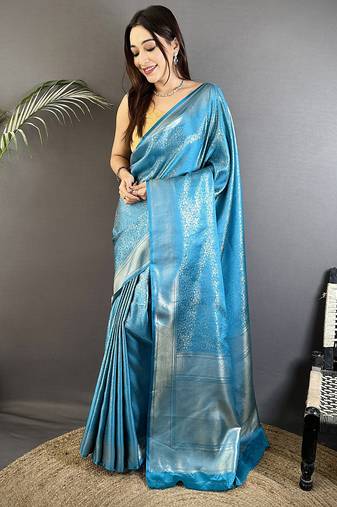 ocean blue satin silk blend floral motifs & ethnic silver zari design kanchipuram saree