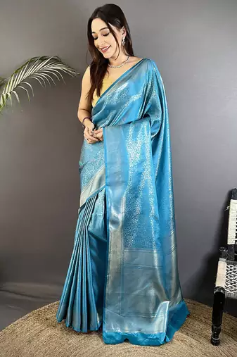 ocean blue satin silk blend floral motifs & ethnic silver zari design kanchipuram saree