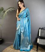 ocean blue satin silk blend floral motifs & ethnic silver zari design kanchipuram saree