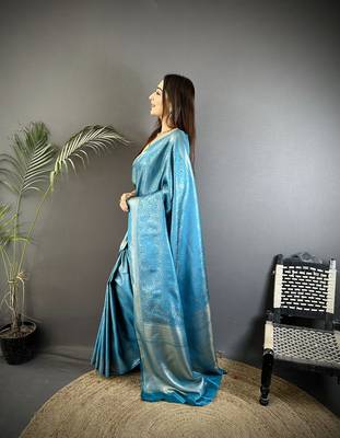 ocean blue satin silk blend floral motifs & ethnic silver zari design kanchipuram saree 2