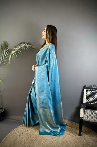 ocean blue satin silk blend floral motifs & ethnic silver zari design kanchipuram saree