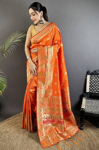 orange soft silk blend geomatric zari woven patola saree