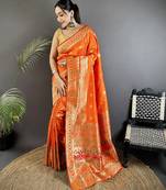 orange soft silk blend geomatric zari woven patola saree
