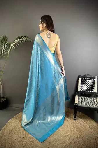 ocean blue satin silk blend floral motifs & ethnic silver zari design kanchipuram saree
