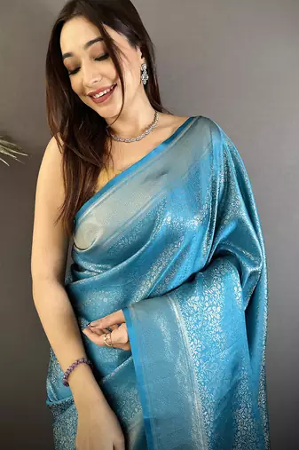ocean blue satin silk blend floral motifs & ethnic silver zari design kanchipuram saree