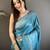 ocean blue satin silk blend floral motifs & ethnic silver zari design kanchipuram saree