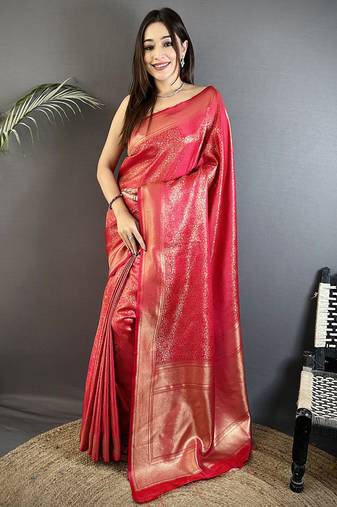red satin silk blend floral motifs & ethnic silver zari design kanchipuram saree