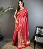 red satin silk blend floral motifs & ethnic silver zari design kanchipuram saree