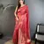 red satin silk blend floral motifs & ethnic silver zari design kanchipuram saree