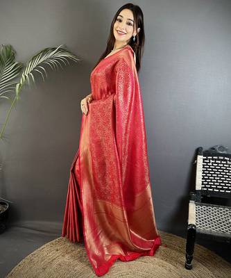 red satin silk blend floral motifs & ethnic silver zari design kanchipuram saree 2