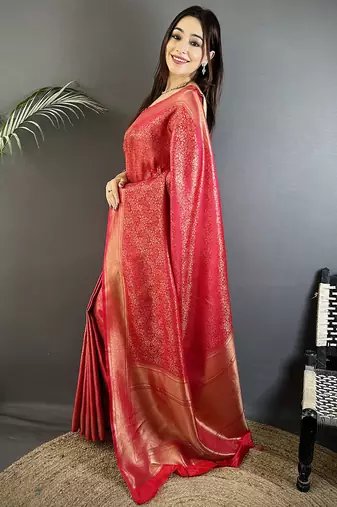 red satin silk blend floral motifs & ethnic silver zari design kanchipuram saree