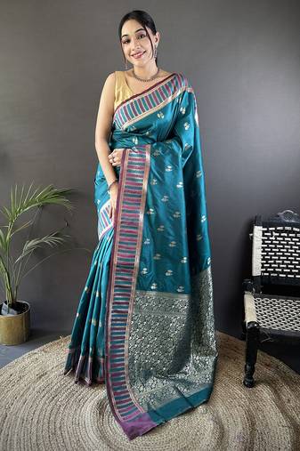 teal blue lichi silk blend jacquard zari woven motifs banarasi saree