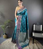 teal blue lichi silk blend jacquard zari woven motifs banarasi saree