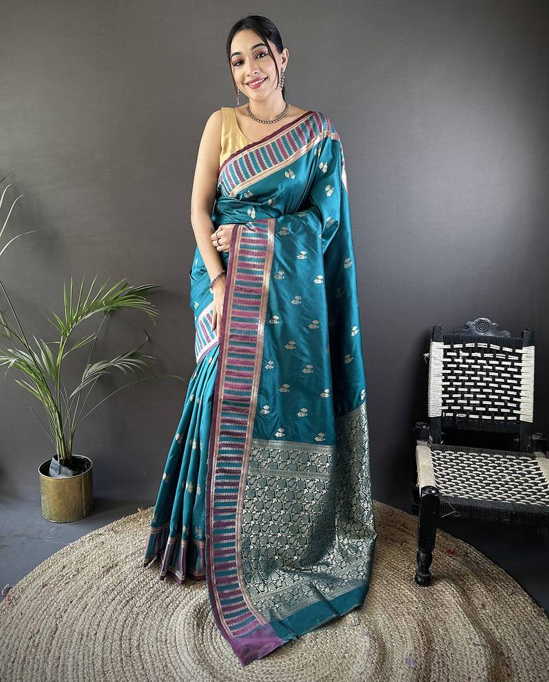 teal blue lichi silk blend jacquard zari woven motifs banarasi saree