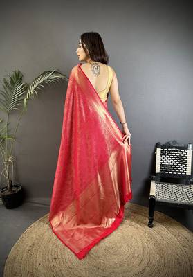 red satin silk blend floral motifs & ethnic silver zari design kanchipuram saree 3