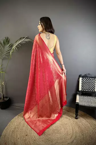 red satin silk blend floral motifs & ethnic silver zari design kanchipuram saree