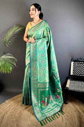 bottle green soft silk blend zari butti motifs patola saree