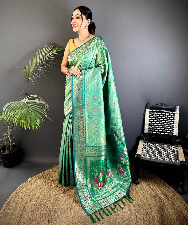 bottle green soft silk blend zari butti motifs patola saree