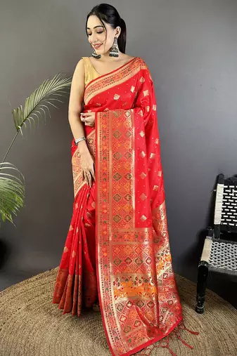 carmine red soft silk blend geomatric zari woven patola saree
