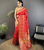 carmine red soft silk blend geomatric zari woven patola saree