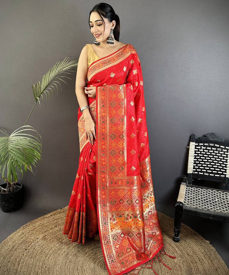 carmine red soft silk blend geomatric zari woven patola saree
