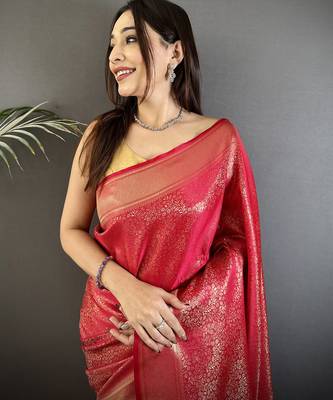red satin silk blend floral motifs & ethnic silver zari design kanchipuram saree 4