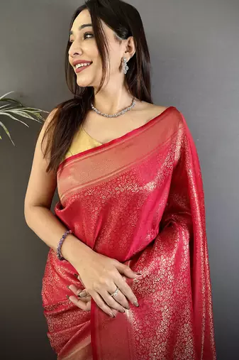 red satin silk blend floral motifs & ethnic silver zari design kanchipuram saree