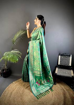 bottle green soft silk blend zari butti motifs patola saree 2