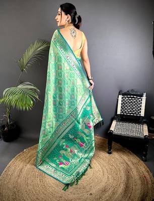 bottle green soft silk blend zari butti motifs patola saree 3