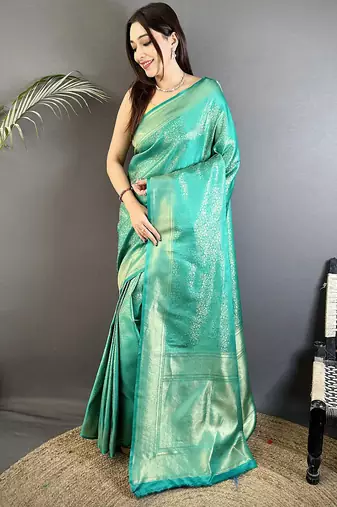 teal satin silk blend floral motifs & ethnic silver zari design kanchipuram saree