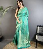 teal satin silk blend floral motifs & ethnic silver zari design kanchipuram saree