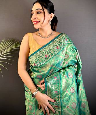 bottle green soft silk blend zari butti motifs patola saree 4