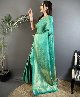 teal satin silk blend floral motifs & ethnic silver zari design kanchipuram saree 2