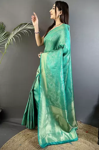 teal satin silk blend floral motifs & ethnic silver zari design kanchipuram saree