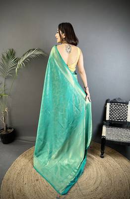 teal satin silk blend floral motifs & ethnic silver zari design kanchipuram saree 3