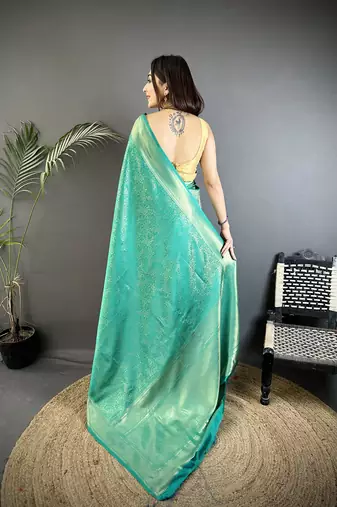 teal satin silk blend floral motifs & ethnic silver zari design kanchipuram saree